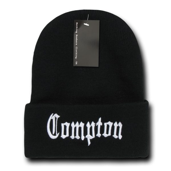 Compton City Beanie Knit Cap, Black White Fashion